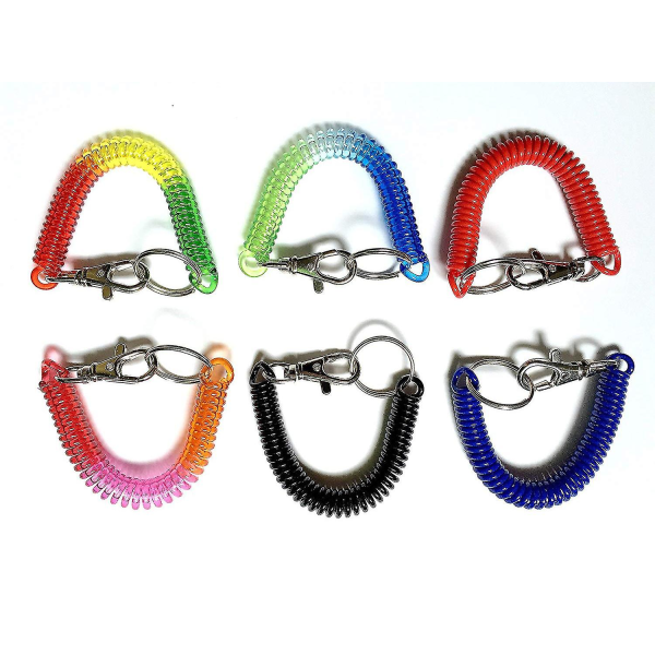 6-pack färgglad flexibel stöldsäker fjäder spiral sladd Stretch Tether Säkerhetsnyckelring Ring med klämma-färg Random-1374