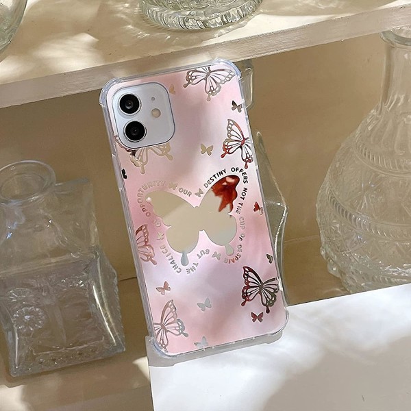 Pink Butterfly-telefondeksel kompatibel med Iphone 12 Pro-telefondeksel, søtt Kpop-telefondeksel, Pink Gradient Mirror Butterfly-telefondeksel