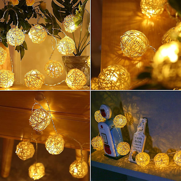 5m Batteridrevet LED-lysstreng med 40 Globe Rattan Kugler Dekorative Julelys til Soveværelse Terrasse Fest Dekoration