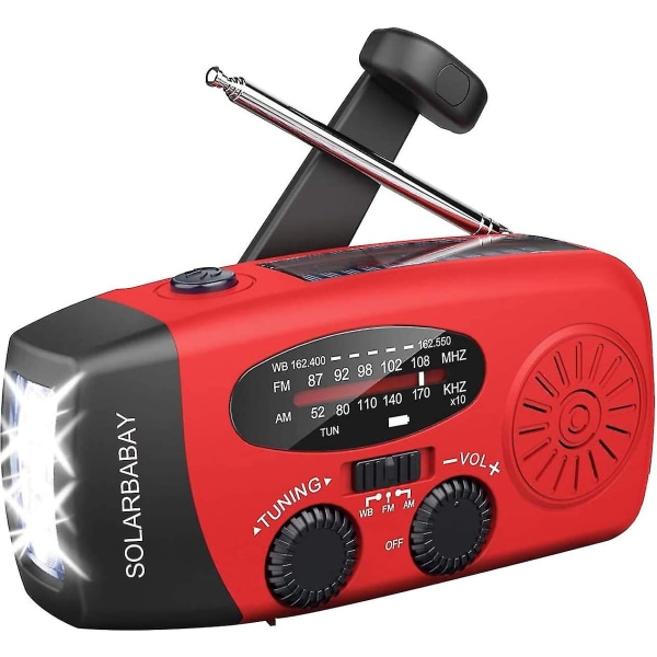 Aurinkokäyttöinen hätäradio, itsevirittyvä kampiradio LED-taskulampulla, AM/FM/WB-sääradio 2000 mAh ladattavalla akulla hätätilanteisiin