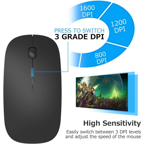 Smal trådlös mus, 2,4G tyst bärbar datormus med nanomottagare, ergonomisk trådlös mus (svart)