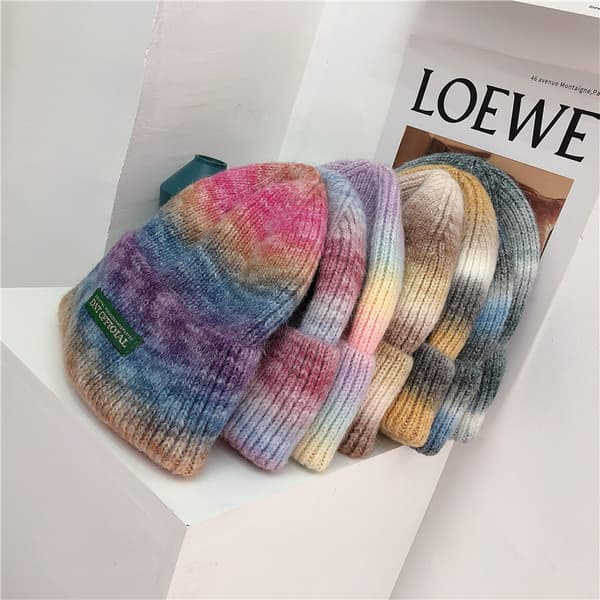 Tjock mössa i tie-dye-ull, stickad mössa med gradientfärg, personlig varm mössa, rosa
