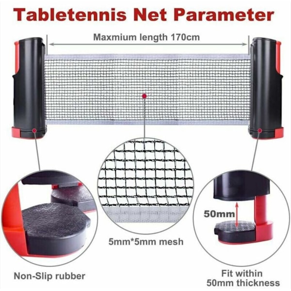 Udtrækkeligt bordtennisnet - Sort og rød, kan forlænges til 170 cm, passer til borde under 5 cm tykke, 1 stk.