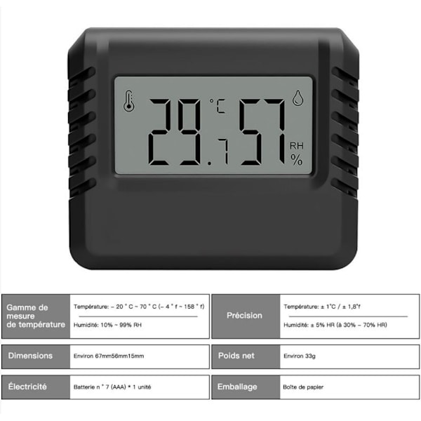 Mini elektronisk smart digital termometer hygrometer - Sort, 1 stk