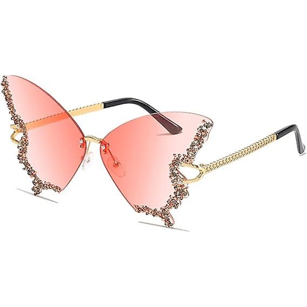 Rimless Butterfly Solglasögon för Kvinnor - Vintage Retro Funky Färgade Rhinestone Diamant Festival Rave 70-tals Fest Solglasögon UV-skydd