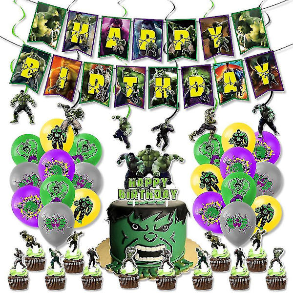 46 kpl Hulk-juhlatarvikkeita, Supersankari Hulk -teemainen syntymäpäiväjuhlatarvikkeet, Hulk-teemainen Onnea syntymäpäiväksi -lippu, ilmapallot, kakun koristeet ja kupikakkujen koristeet