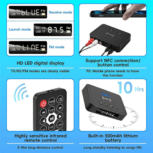 Bluetooth 5.0 Mottaker Sender FM Stereo AUX 3.5mm Jack RCA Trådløs NFC Bluetooth Audio Adapter