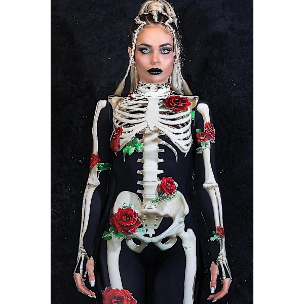 Naisten Halloween-asu 2024, Yksikokoinen Luurankoasu Ruusujen kanssa, Kuolleiden Päivä -asu, Luurankohaalarit, Halloween-aikuisten asu -ZZY