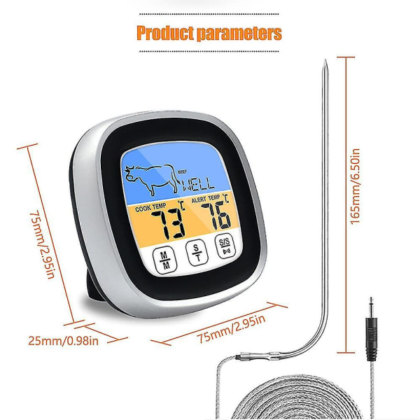 Elektronisk BBQ-termometer Timer Touch BBQ-termometer (silversvart)