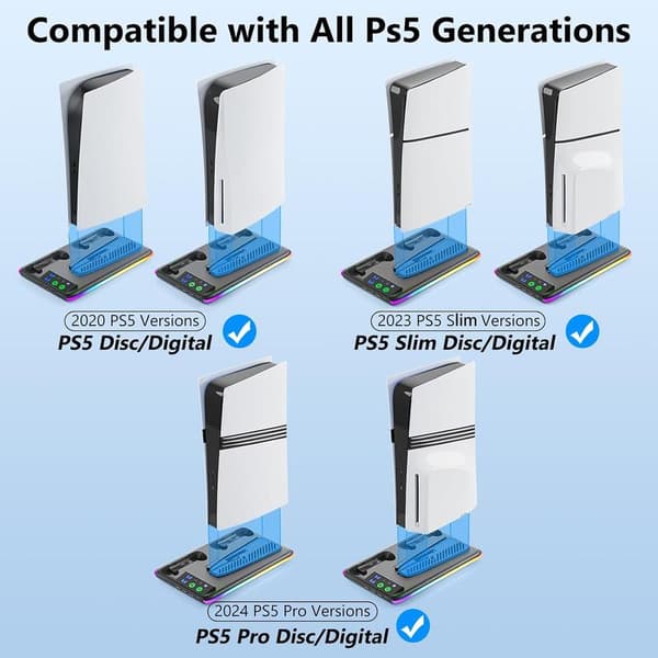 PS5 Slim-tilbehør med 3 opladningsporte, egnet til PS5/Slim køle- og ladestation, køleventilator, PS5-controlleroplader