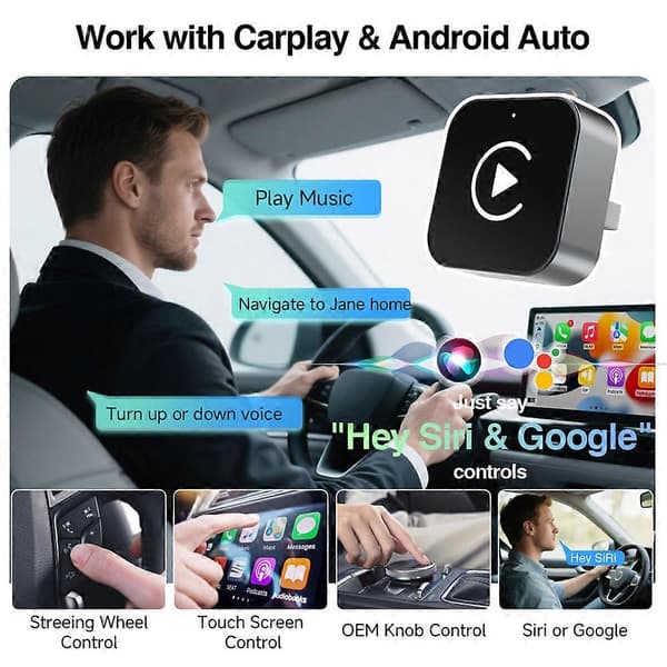 Trådløs Carplays-adapter for iPhone/Androids, Plug & Play-oppsett på sekunder for bil
