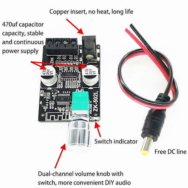 -502L 2X50W Bluetooth 5.0 Forstærkerkort Digital Lyd HiFi Stereo Dobbeltkanals Klasse D AMP