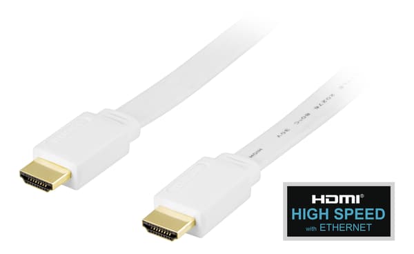 Flat HDMI-kabel, HDMI High Speed med Ethernet, 1m, hvit