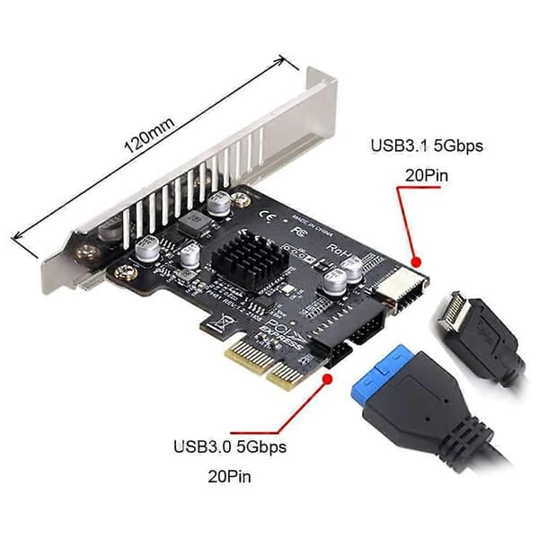VL805 Emolevyn sovitin 5 Gbps Type E USB 3.1 Etupaneelin naaras & USB 2.0 - PCI-E 1X Express -kortti