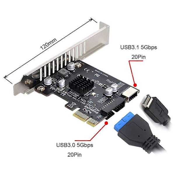 VL805 Moderkortsadapter 5Gbps Typ E USB 3.1 Frontpanel Hona & USB 2.0 till PCI-E 1X Expresskort