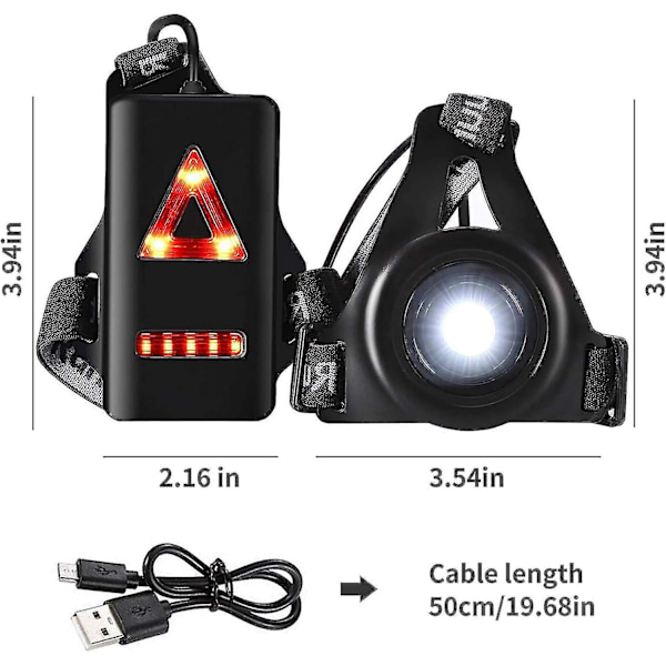 Løpelyslampe, LED-brystlys USB-oppladbar kroppslampe 3 moduser med baklys og justerbar stropp for nattløpere joggere gåing camping H