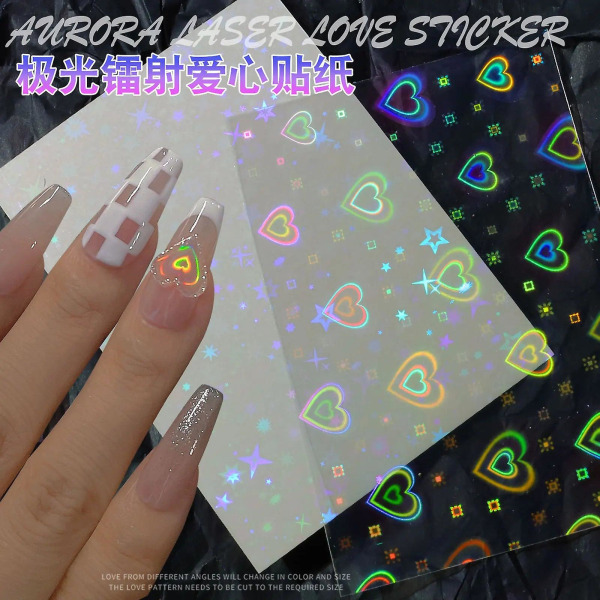 1 stk gradient laser hjerte nail art klistremerker 8*10 cm holo aurora hjerte filmer glass negle dekal blinkende dynamisk kjærlighet hjerte skyveknapp-1