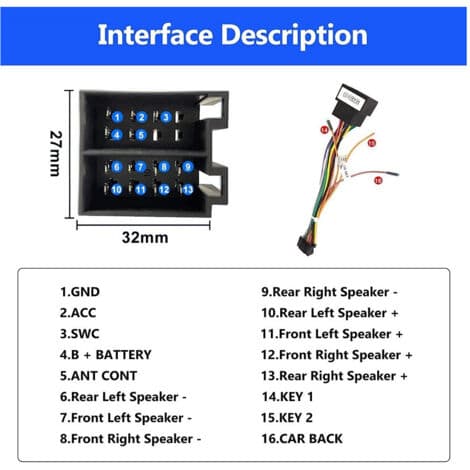 16-bens adapterkabel til standard ISO-stik Android bilradio kontrolledninger