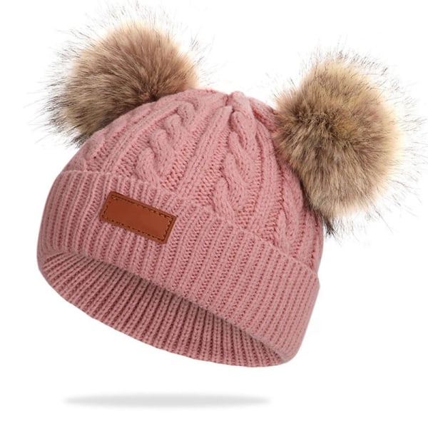 Suloinen lasten neulottu hattu tuplakarvapalloilla ja puuvillainen lämmin hattu, pinkki