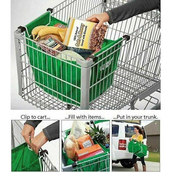 Foldbar genanvendelig supermarked indkøbsvogn dagligvarer grab clips taske 2stk