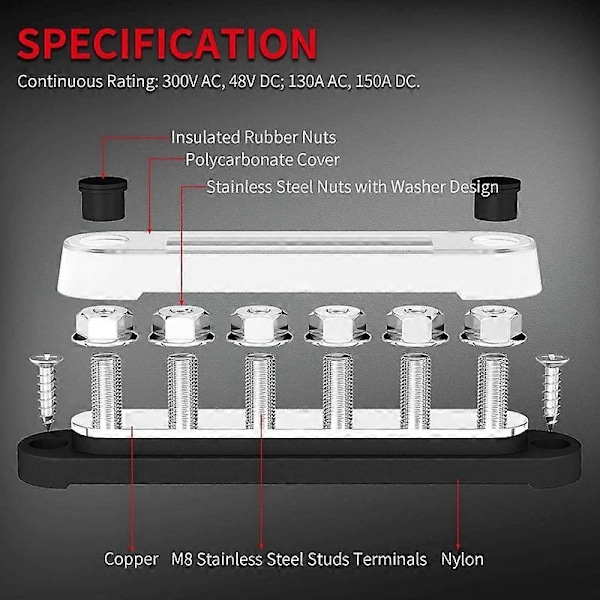 12V Sammelskena 6X5/16 tum (M8) Terminaldubbar 12 Volt Strömfördelningsblock Delar Med Lock Batteri Sammelskena 12V-48V För Bil