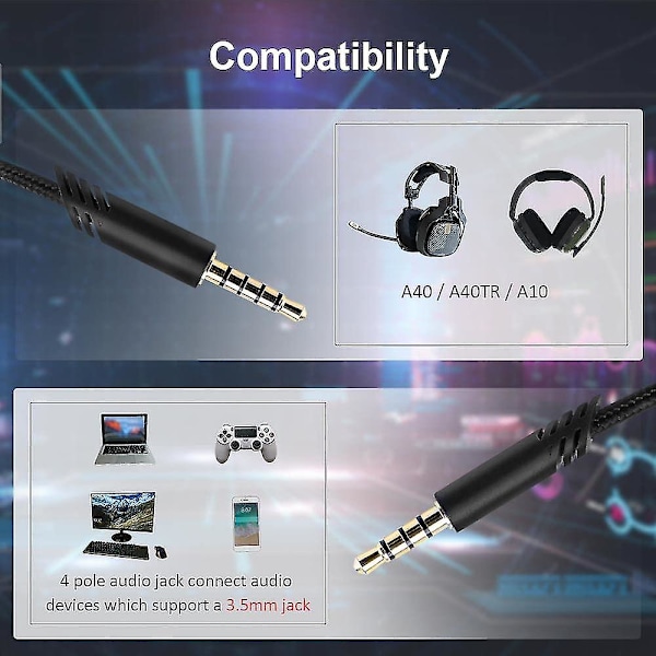 Erstatningskabel A40 kompatibel med Astro A40-headset, Qjyth A40 Inline Mute Audiokabel for Astro A10/a40/a40tr Gaming-headset, passer til Ps5, Ps4, Xb