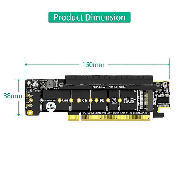 Dual NVMe PCIe -sovitin, PCIe 4.0 X16 - Dual NVMe & 1x Lisää PCIe X16 (X8 Signaali) -sovitin M.2 NVM:lle