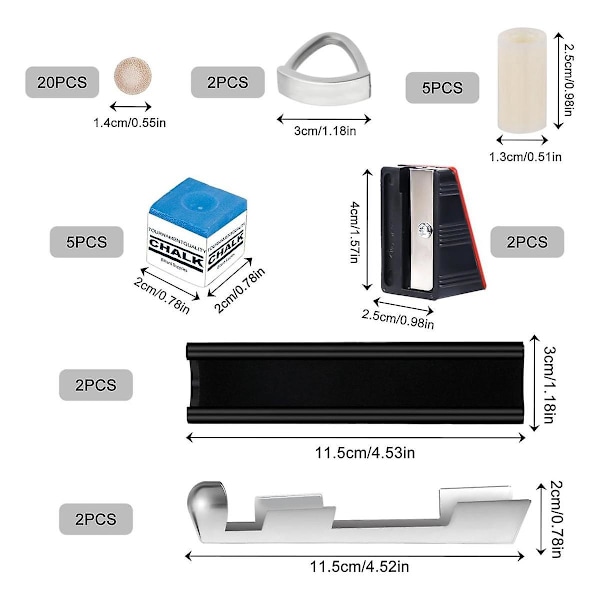 Billardkø Reparationskit, 2 Køtipklemmer 20 Køtip 2 Formere 5 Kridtplader 5 Ferruler 2 Køtip