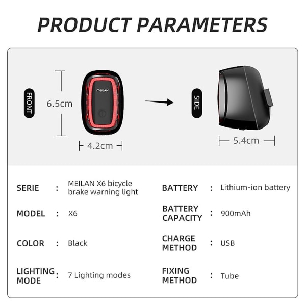 MEILAN X6 Sykkelbremse Advarselslys IPX4 Vanntett USB Oppladbar Sykkel Baklys Lampe