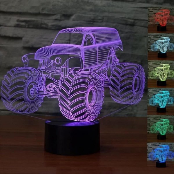 Abstrakti 3D optinen illuusio Monster Truck värikäs valotehoste Kosketuskytkin USB -käyttöinen led-koriste yövalo pöytälamppu