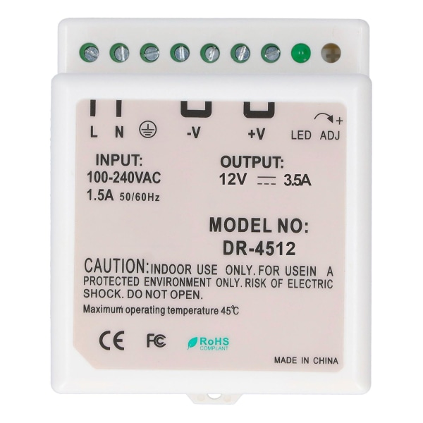 DR-45-12 Justerbar Reguleret DIN-skinne strømforsyning - LED-omskifter til elektrisk styreskab