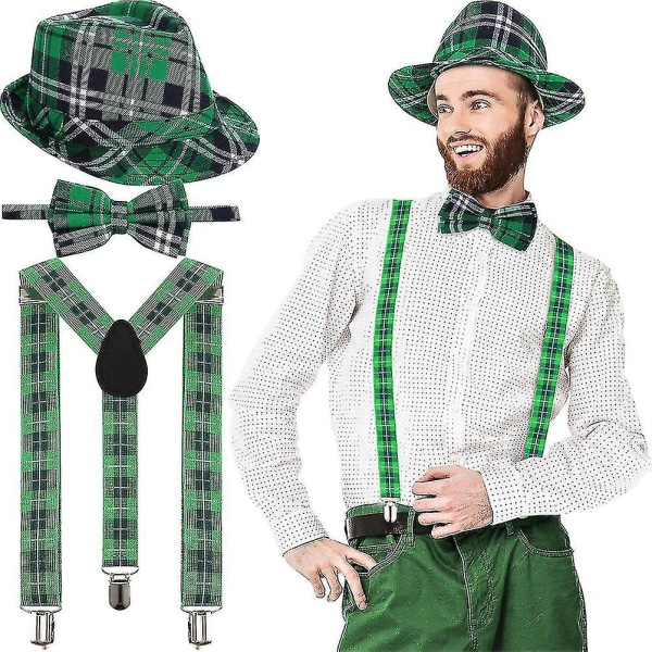 3 stk St Patrick's Day Hat Grøn Ternet stof Fedora Hat Sløjfe og seler St Patrick S" Day Kostumer Tilbehør