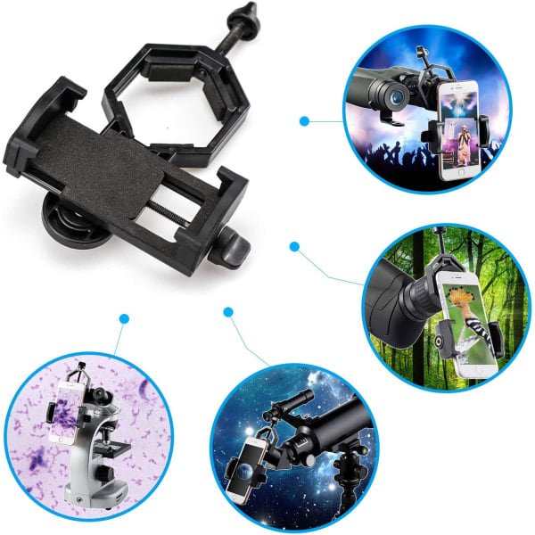 Universell mobiltelefonadapterfäste, 360° roterbart mobiltelefonfäste för scopearbete med kikare, spottingscope, mikroskop och astronomiskt teleskop