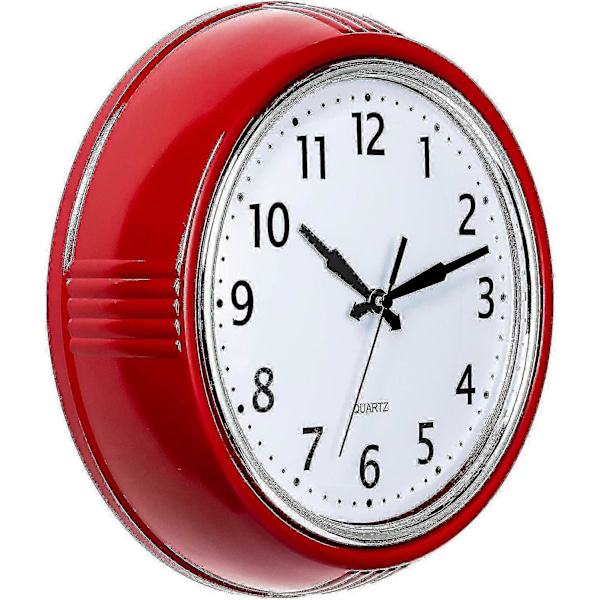 Retro Vægur 25 cm Rødt Køkken 50'er Vintage Design Rundt Lydløst Ikke-Tikkende Batteridrevet Kvalitets Quartz Ur