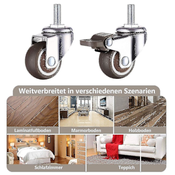 Hjul, Kraftiga Universella Stolsrullar Med Unikt Bromssystem, M8 Bromshjul, Gängdiameter: 8mm, Längd 20mm, 2 Med Bromsar + 2 Utan B