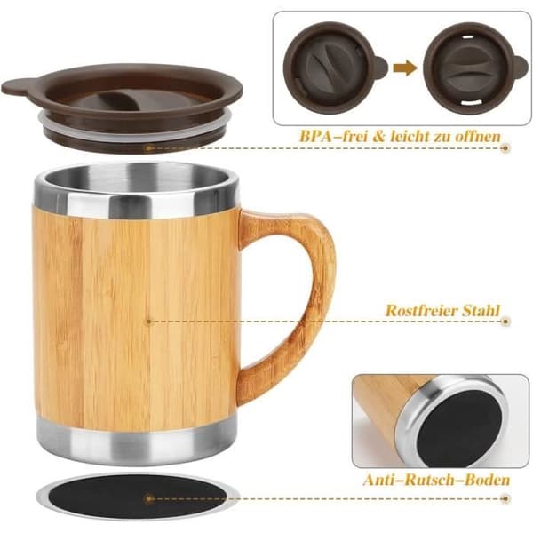 Kaffemugg - Rostfritt stål - 350ML - Isolerande - Bambuhandtag - Plastlock
