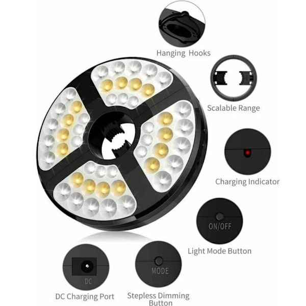 Udendørs terrasseparaplylys variabel lysfarve nødbelysningsskive teltlys - 48LED, DC genopladelig, rund, 1 stk