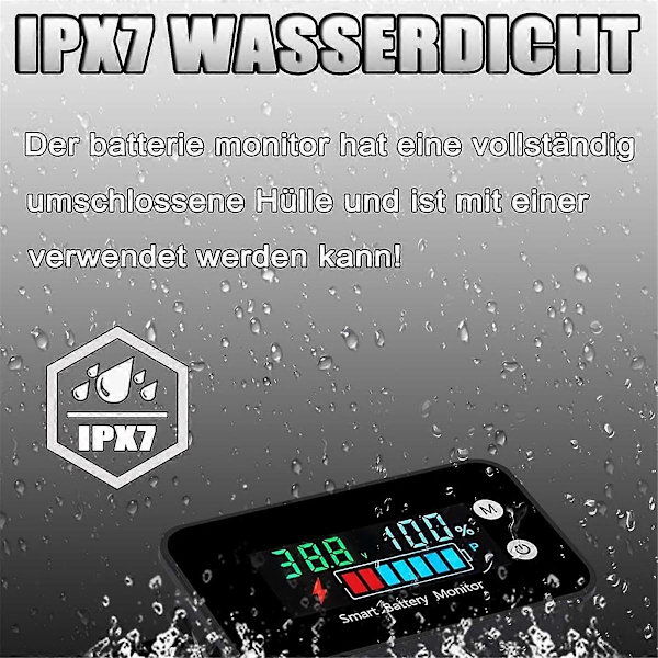IPX7 Vedenkestävä Akun Tarkkailija Telillä 7-100V, Auton Moottoripyörän Golfkärryn Akun Mittari Summeri Hälytys & Lämpötila