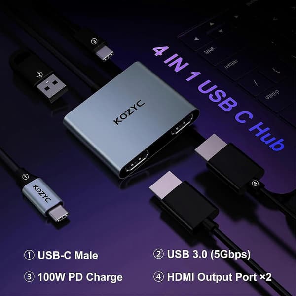 USB C - Kaksois-HDMI-sovitin 4K@30Hz, USB C -keskitin Multiport-sovitin 2xHDMI:llä, USB