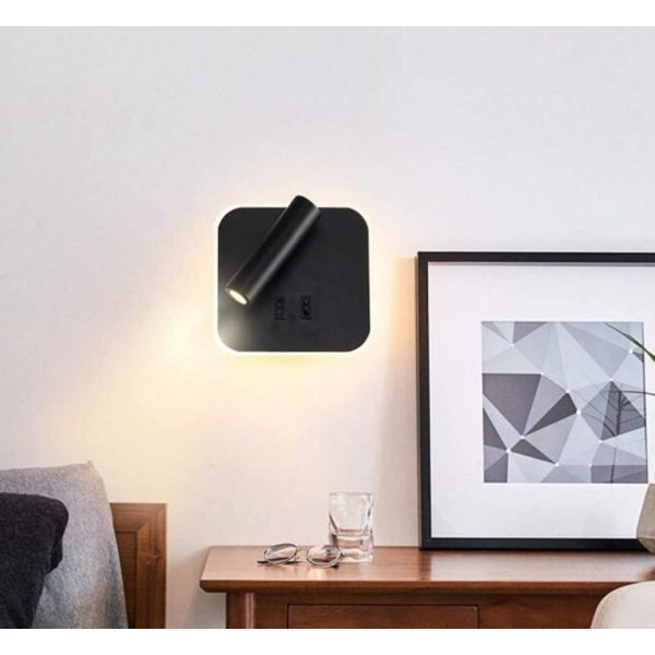 1 stk. LED-sengelampe væglampe læselampe soveværelse væglampe dobbelt kontrol firkantet roterende væglampe sort 14,5*14,5cm