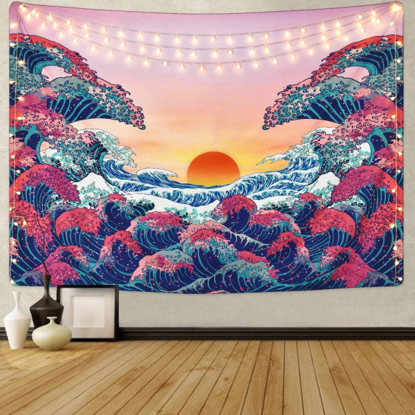 Wave gobeläng solnedgång landskap gobeläng hängande tyg sängbord bakgrundsduk (70,9x78,7)