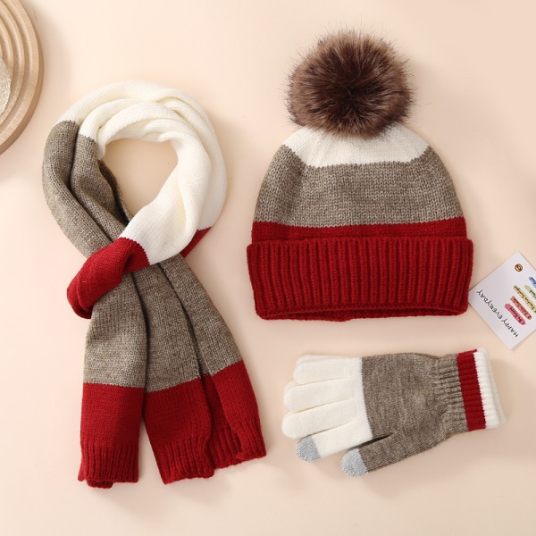 Børns varme vinterdragt plus fløjlshue, handsker og tørklæde tredelt sæt egnet til 8-15 år Red coffee color