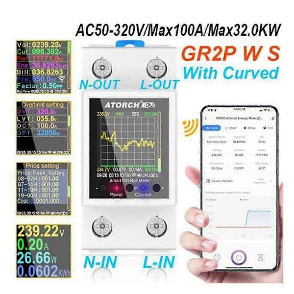 Atorch Gr2pws Strømmåler Tuya Wifi Skinne Strøm Energimåler Ac50-320v Digital Skjerm Monitor Spenningskurve Amperemeter