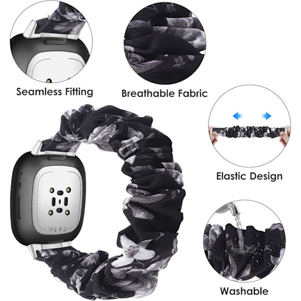 Fitbit Sense / Versa 3 -yhteensopiva ranneke, naisten ranneke Musta/Harmaa Kukkainen