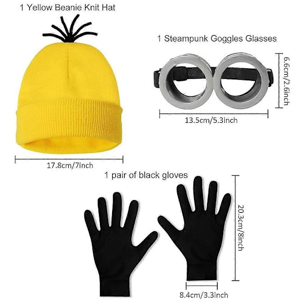 3-pack Beaniehatt, Minion-glasögon, handskar, utklädningskostym, Despicable Me Cosplay-tillbehör, vuxen