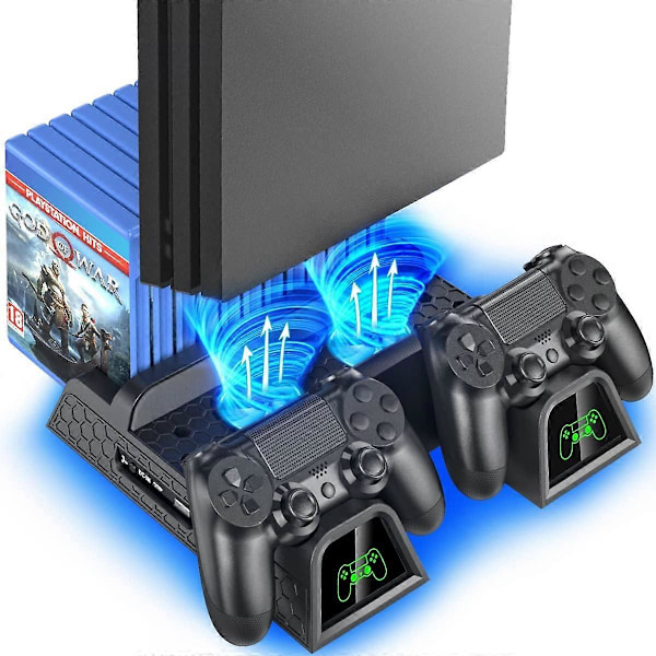 PS4-teline, PS4-jäähdytin, PS4-jalusta PS4-ohjaimen latausasemalla Playstation 4/PS4 Pro/Slimille, PS4-teline PS4-latausasemalla, PS4-jalusta PS4-jäähdytyksellä
