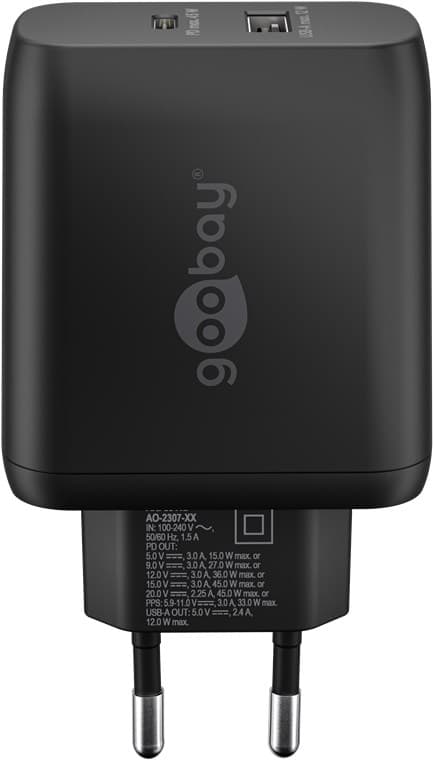 USB-C™ PD GaN dobbelt hurtigoplader (45 W) sort