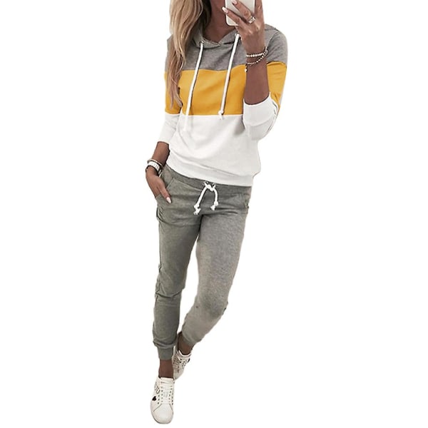 Kvinner Joggedress Hette Color Block Hettegensere Topper + Vanlige bukser Buksesett Sports Gym Joggeantrekk Yellow XL