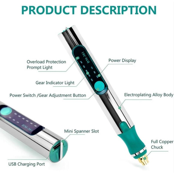 Justerbar hastighet Carving Pen Mini oppladbart litiumbatteri spikersliper - 1 sett