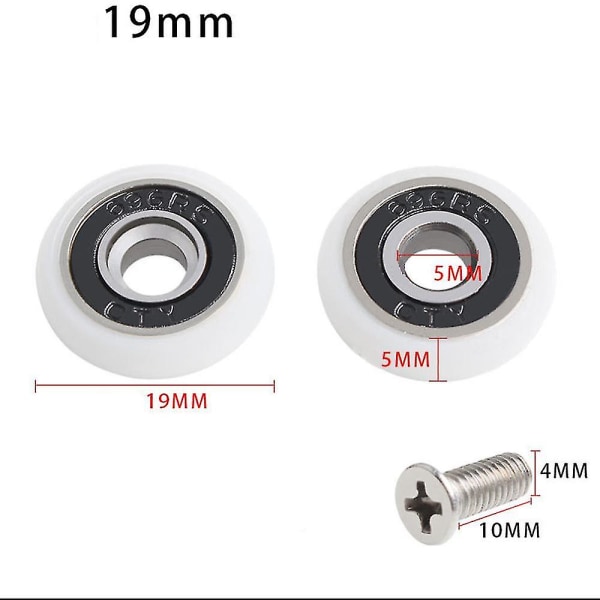 Sats med 8 ersättningshjul för duschdörrar med 19 mm diameter